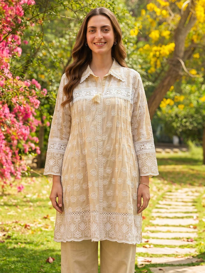 BEIGE & WHITE MUL COTTON EMBROIDERED CO-ORD SET