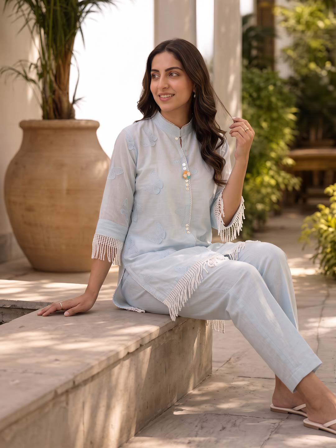 BABY BLUE EMBROIDERED CO-ORD SET WITH PATCH & LACE WORK