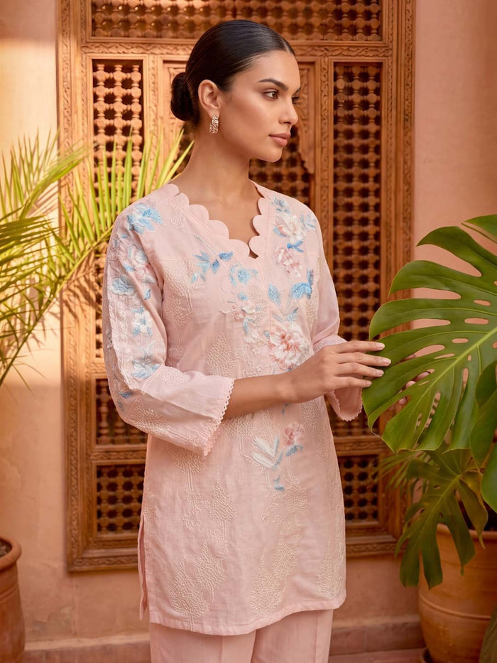 LIGHT PINK COTTON EMBROIDERED & HANDWORK CO-ORD SET