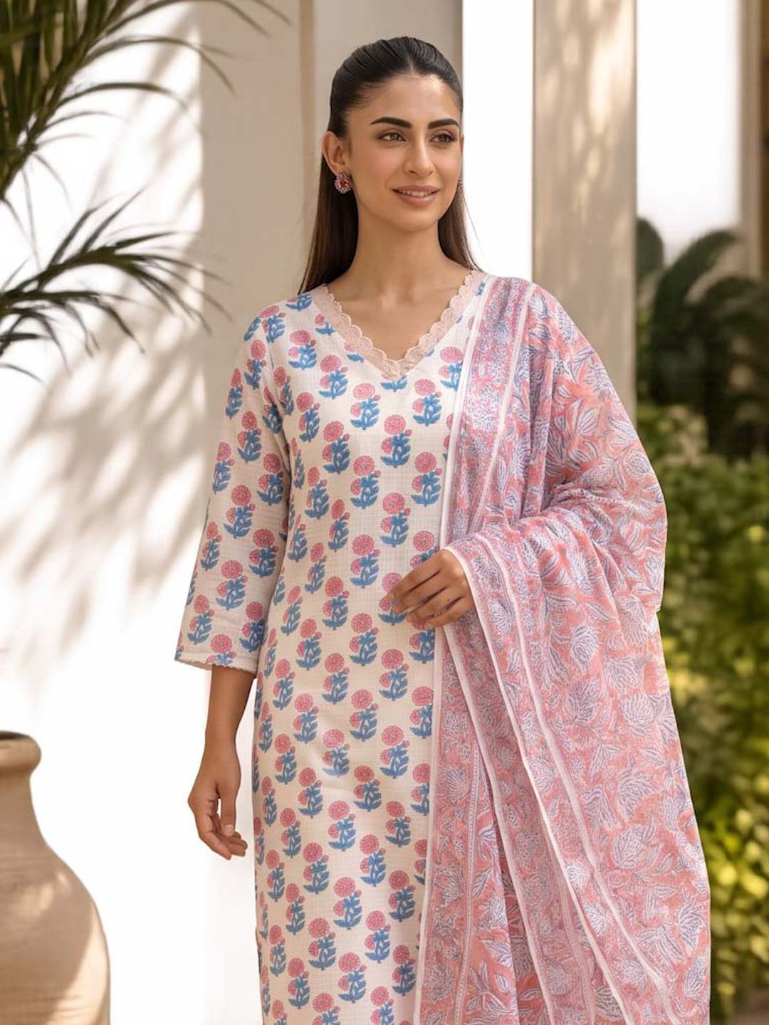 WHITE & PINK FLOWER KOTA DORIA SUIT SET