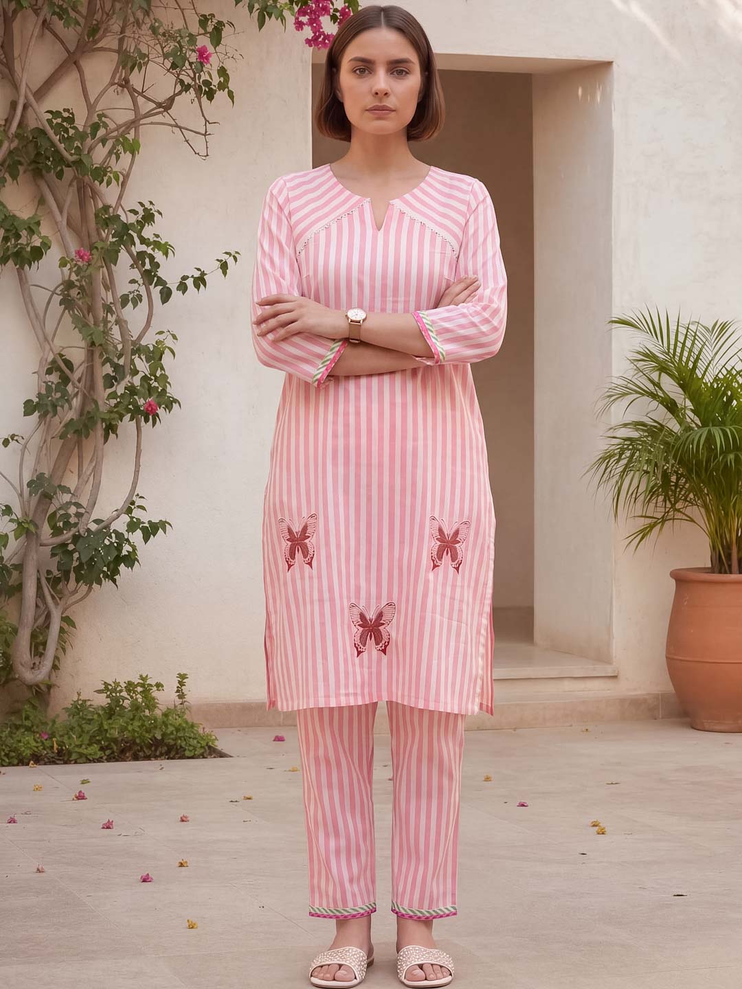 PINK STRIPES COTTON HANDBLOCK CO-ORD WITH PATCHWORK