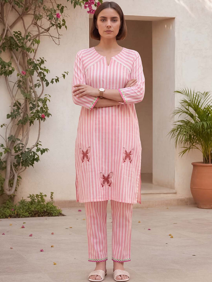 PINK STRIPES COTTON HANDBLOCK CO-ORD WITH PATCHWORK