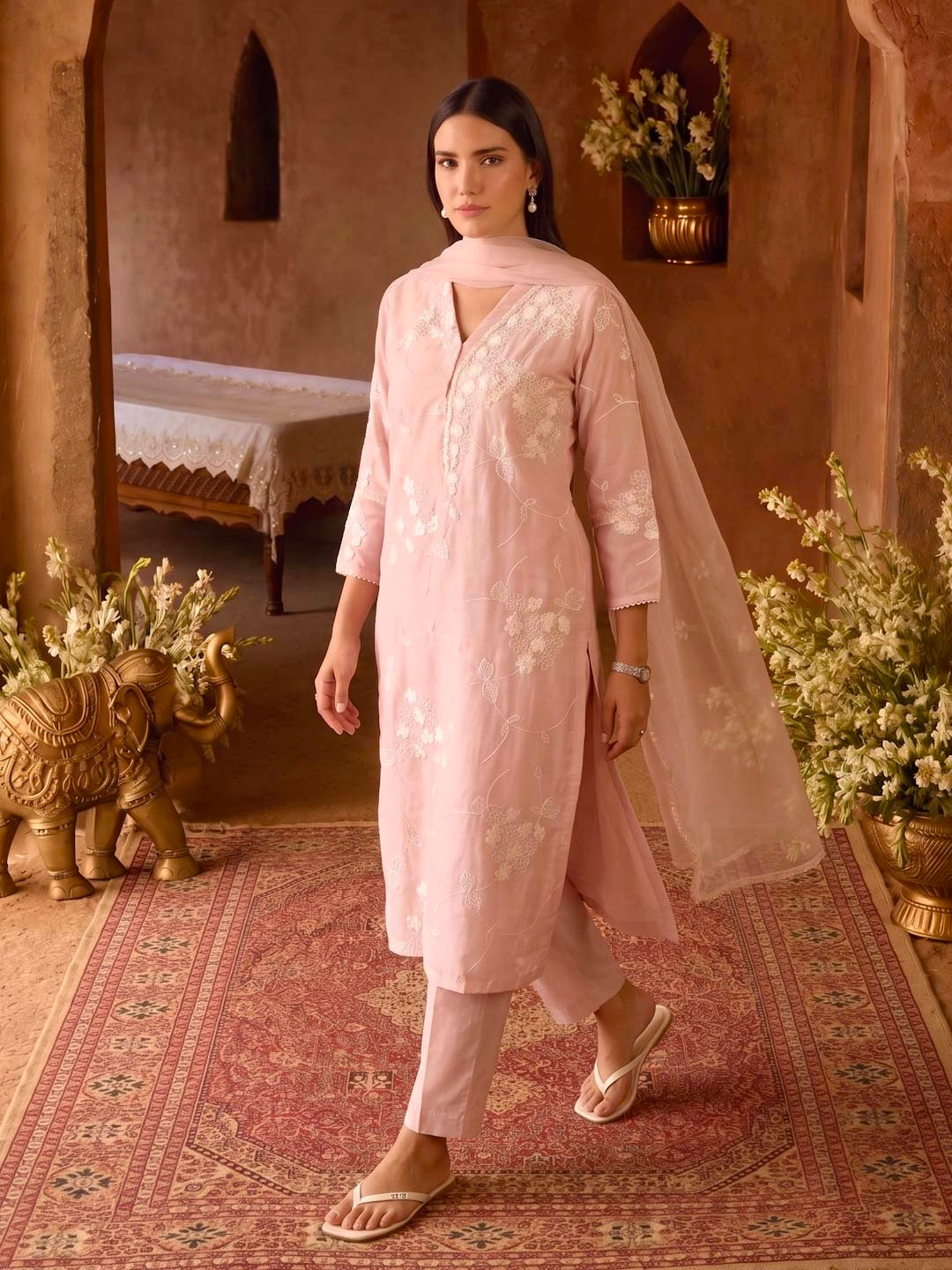 MAUVE PINK MUL CHANDERI HANDWORK & EMBROIDERED SUIT SET