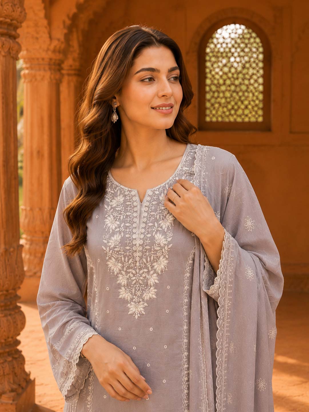 GREY CRUSHED MUL CHANDERI EMBROIDERED SUIT SET