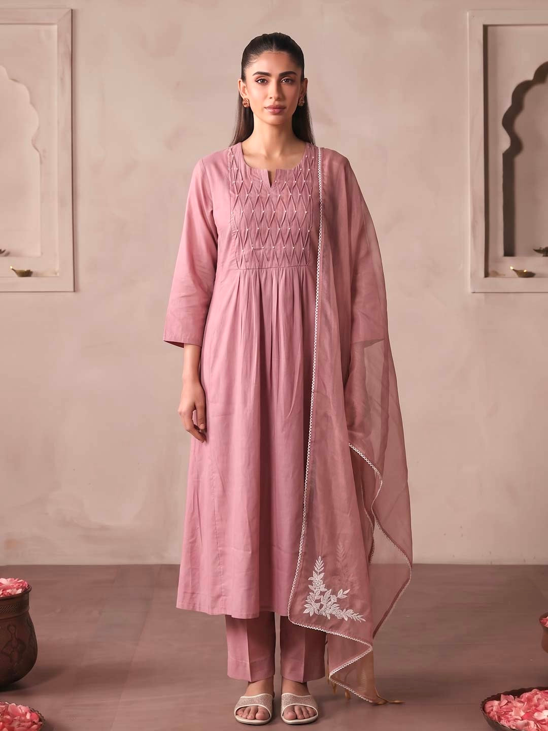 EARTHY PINK SMOCKING WORK SUIT SET WITH ORGANZA DUPATTA