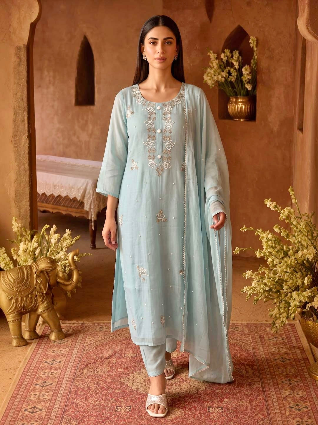 LIGHT BLUE CHANDERI HANDWORK SUIT SET