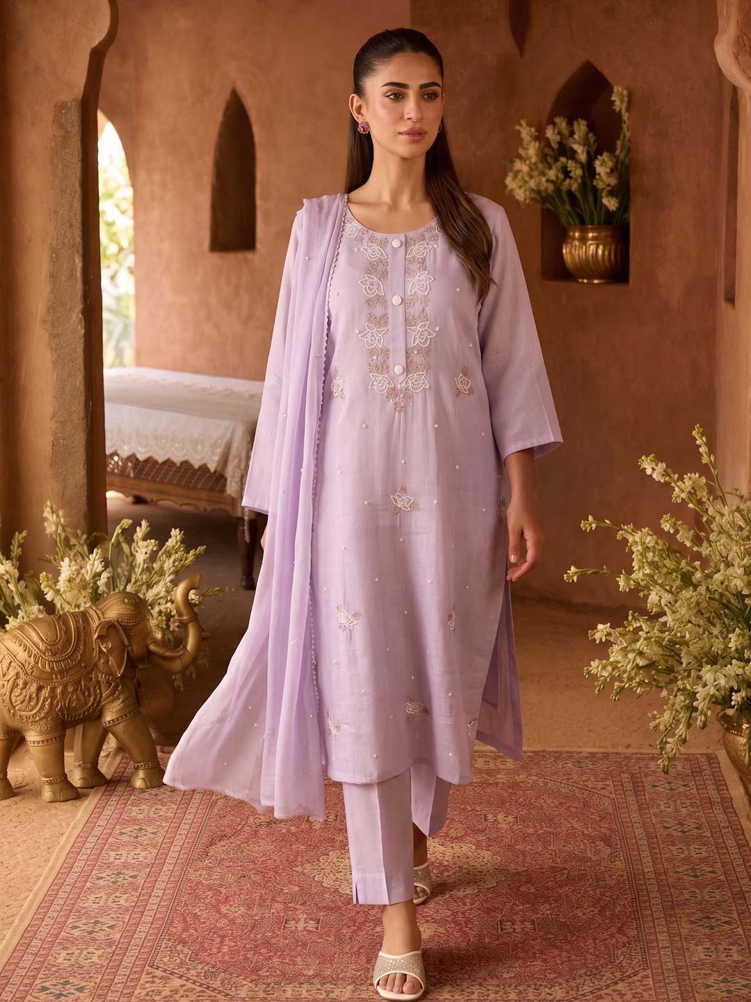 LILAC CHANDERI HANDWORK SUIT SET WITH ORGANZA DUPATTA