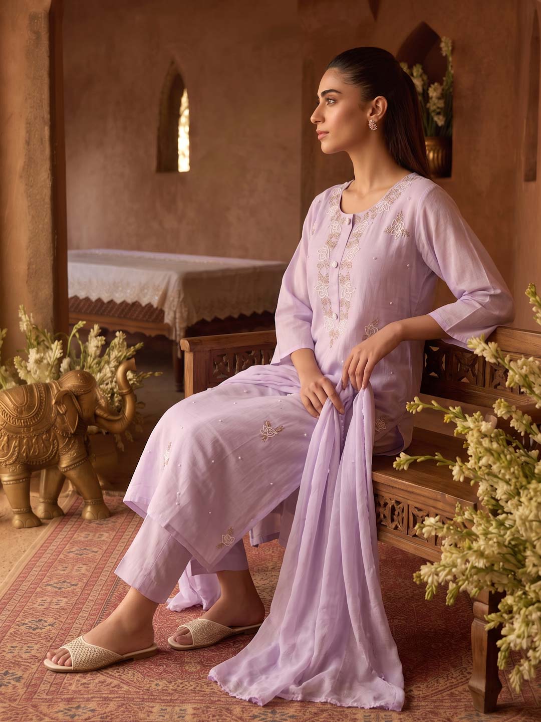 LILAC CHANDERI HANDWORK SUIT SET WITH ORGANZA DUPATTA