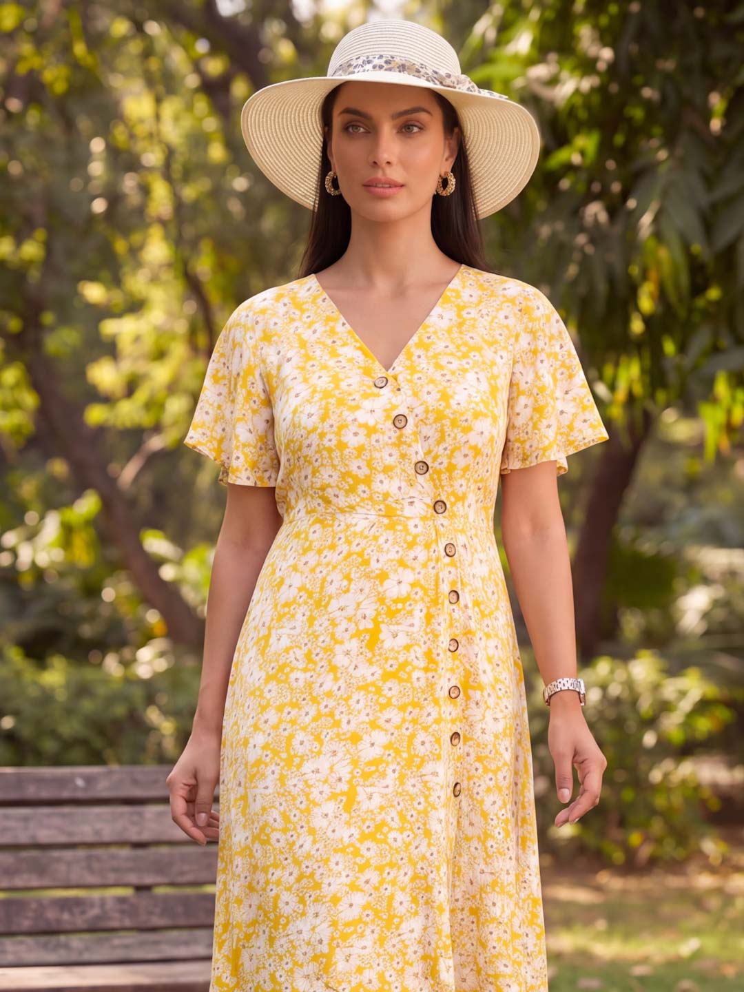 YELLOW & WHITE FLOWER ASSYMETRIC RAYON DRESS