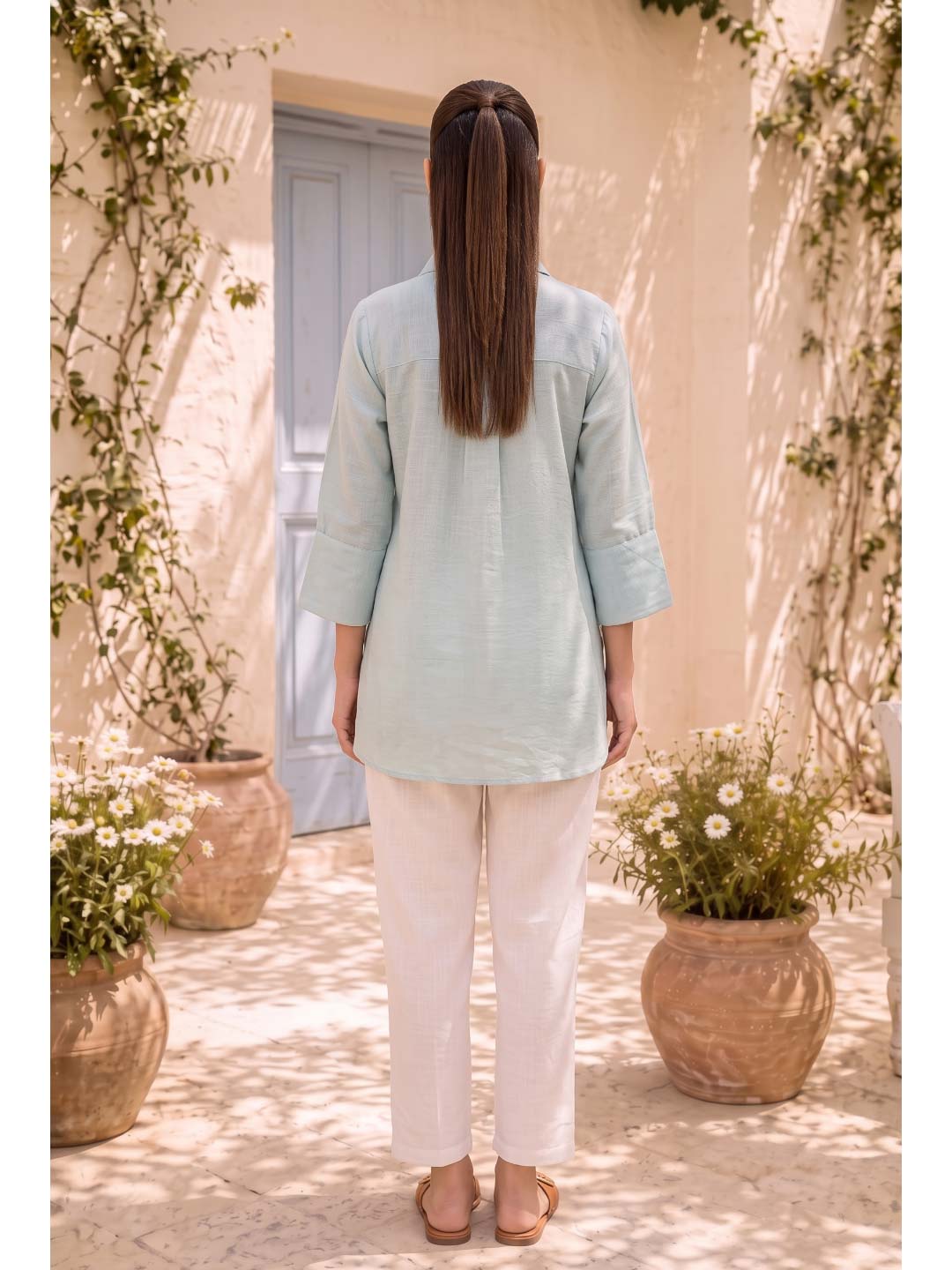 DUSK BLUE COTTON HANDWORK & EMBROIDERED TOP