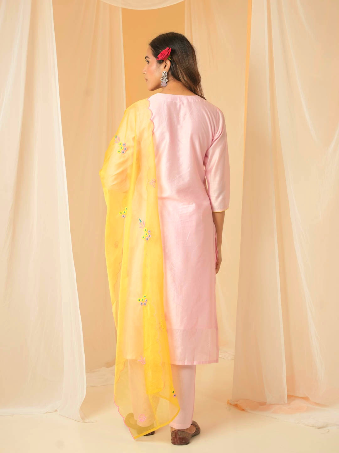 LOTUS PINK CHANDERI SUIT SET WITH ORGANZA DUPATTA