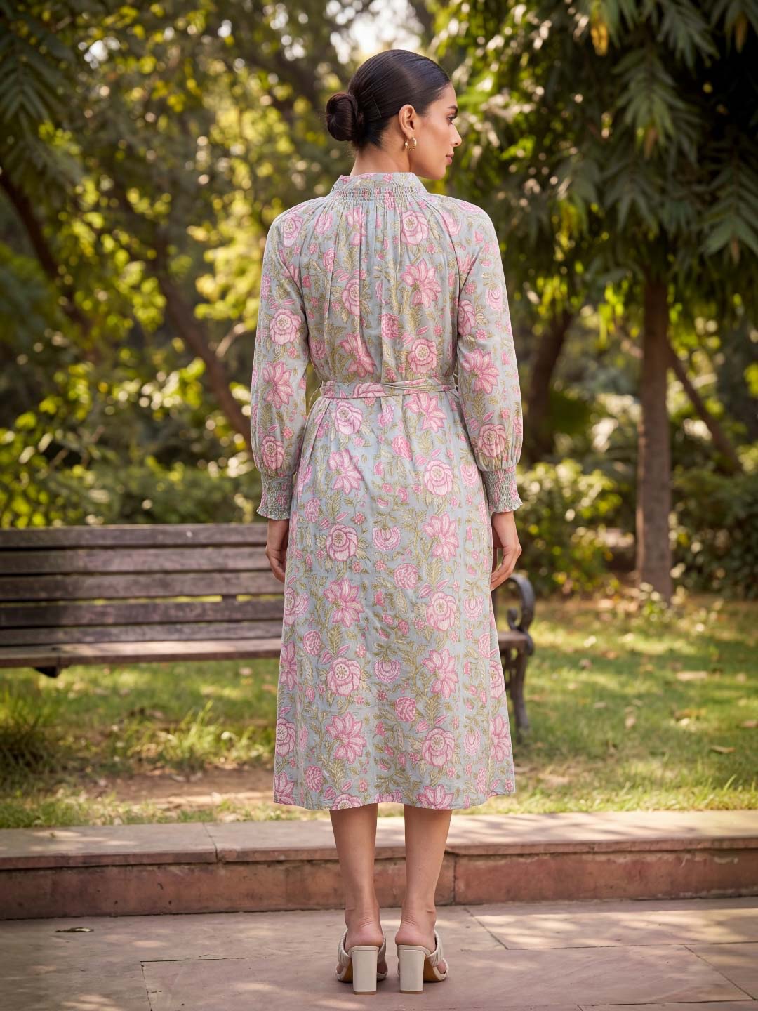 PINK & GREEN VOIL HANDBLOCK DRESS