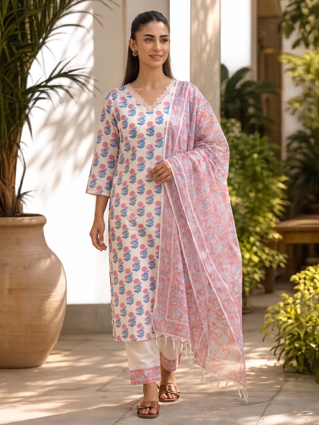 WHITE & PINK FLOWER KOTA DORIA SUIT SET