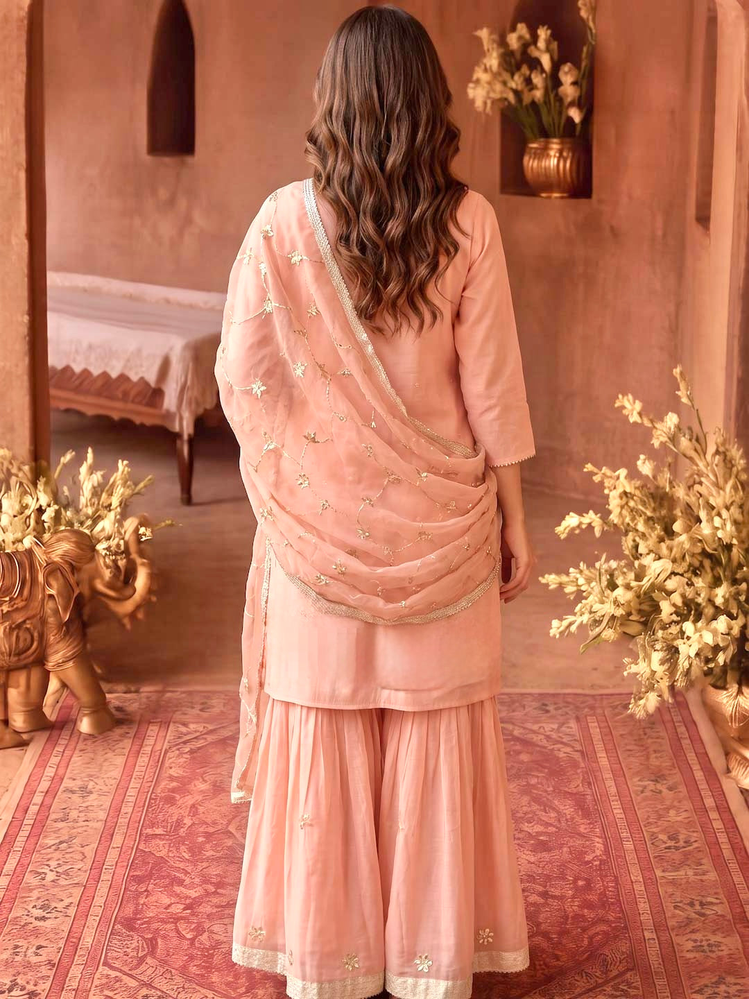 PEACH PINK CHANDERI SHARARA SET WITH ORGANZA DUPATTA