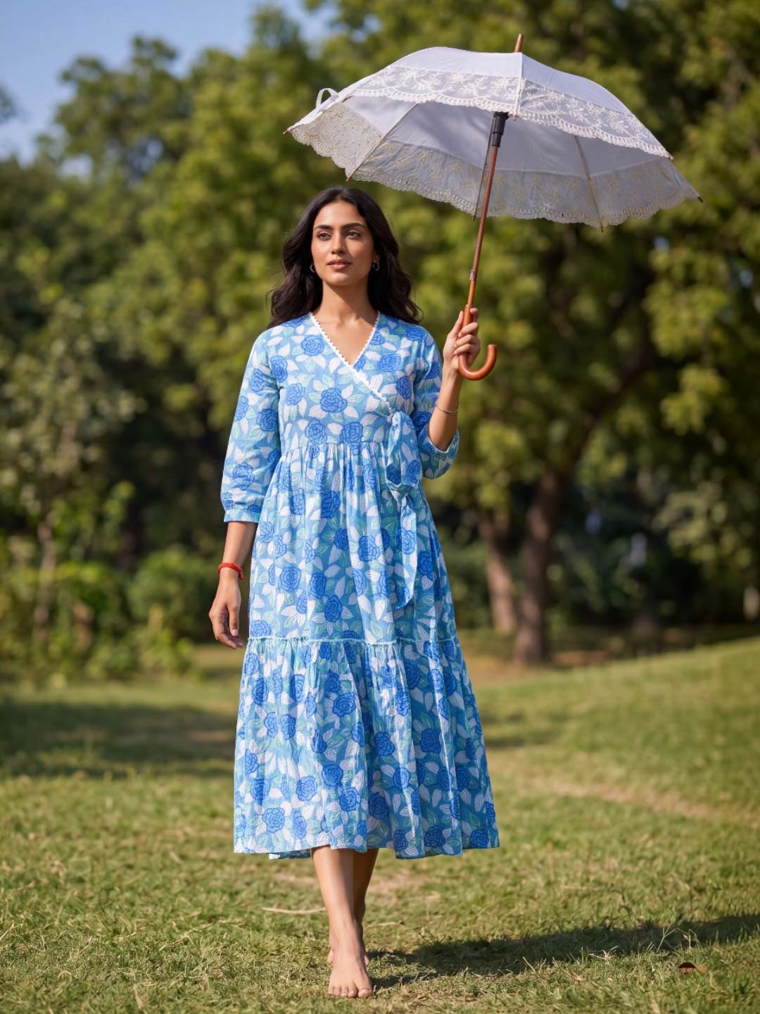 BLUE FLORAL HANDBLOCK COTTON DRESS