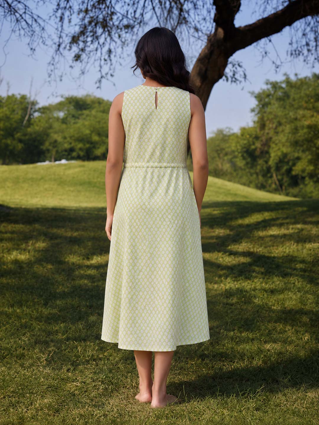 YELLOW & WHITE HANDBLOCK CUT SLEEVES DRESS WITH LINING
