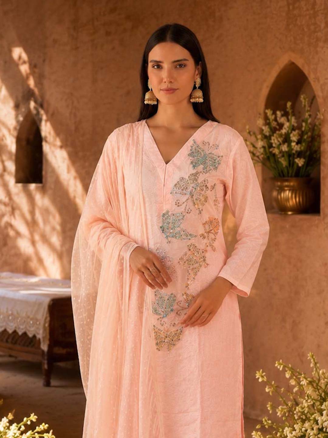PETAL PINK TEXTURED COTTON HANDWORK SUIT SET