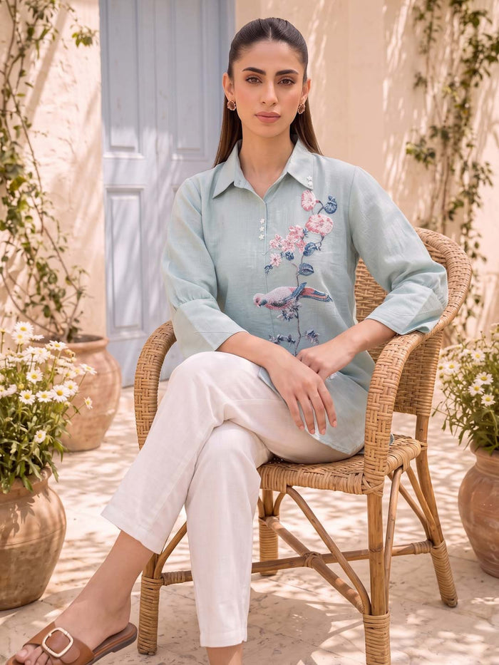 DUSK BLUE COTTON HANDWORK & EMBROIDERED TOP