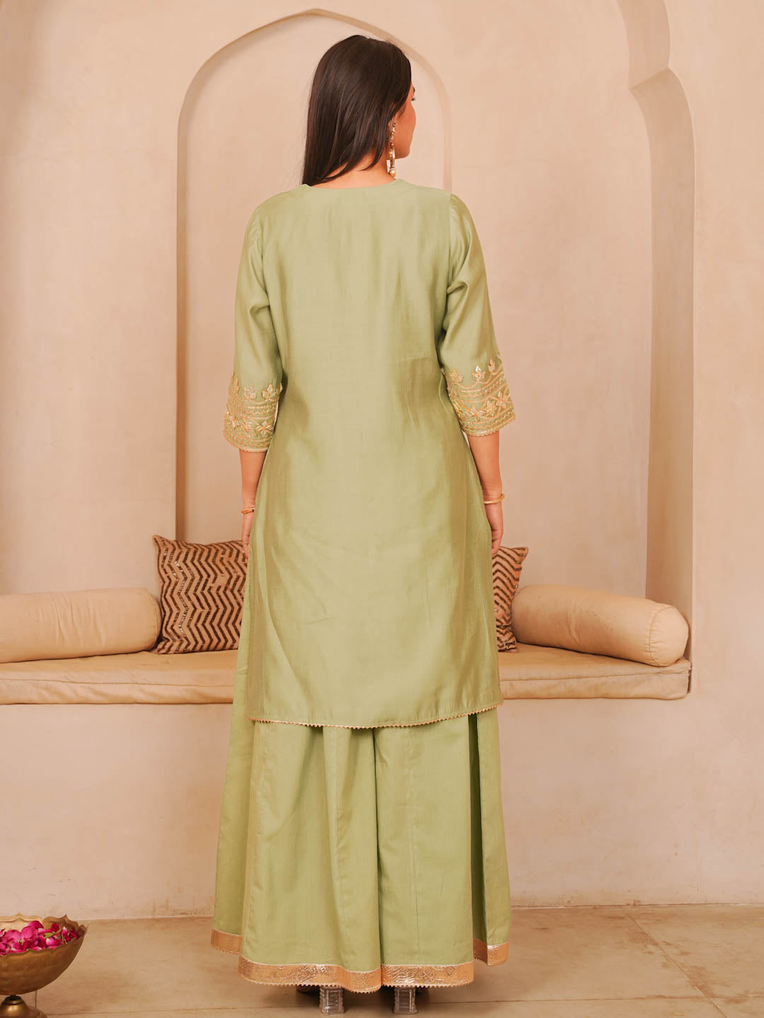 SAGE GREEN CHANDERI SHARARA SET WITH ORGANZA DUPATTA