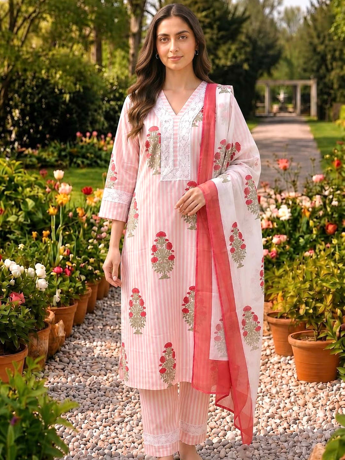 PINK & WHITE COTTON HANDBLOCK SUIT SET WITH LACE WORK