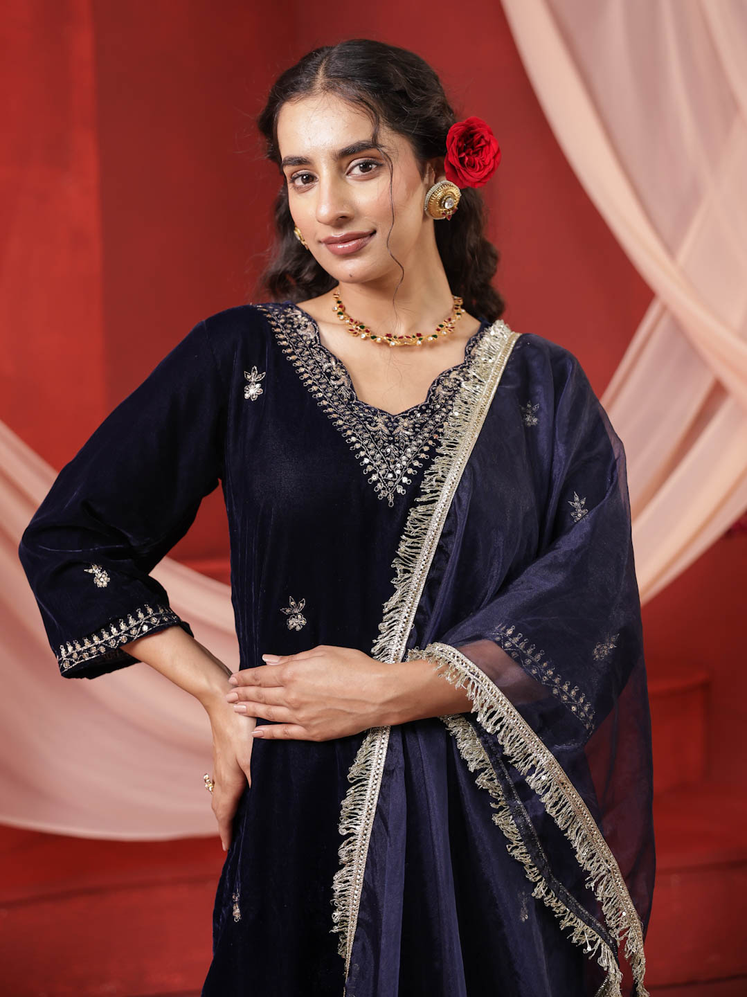 NAVY BLUE VELVET SUIT SET WITH HANDWORK