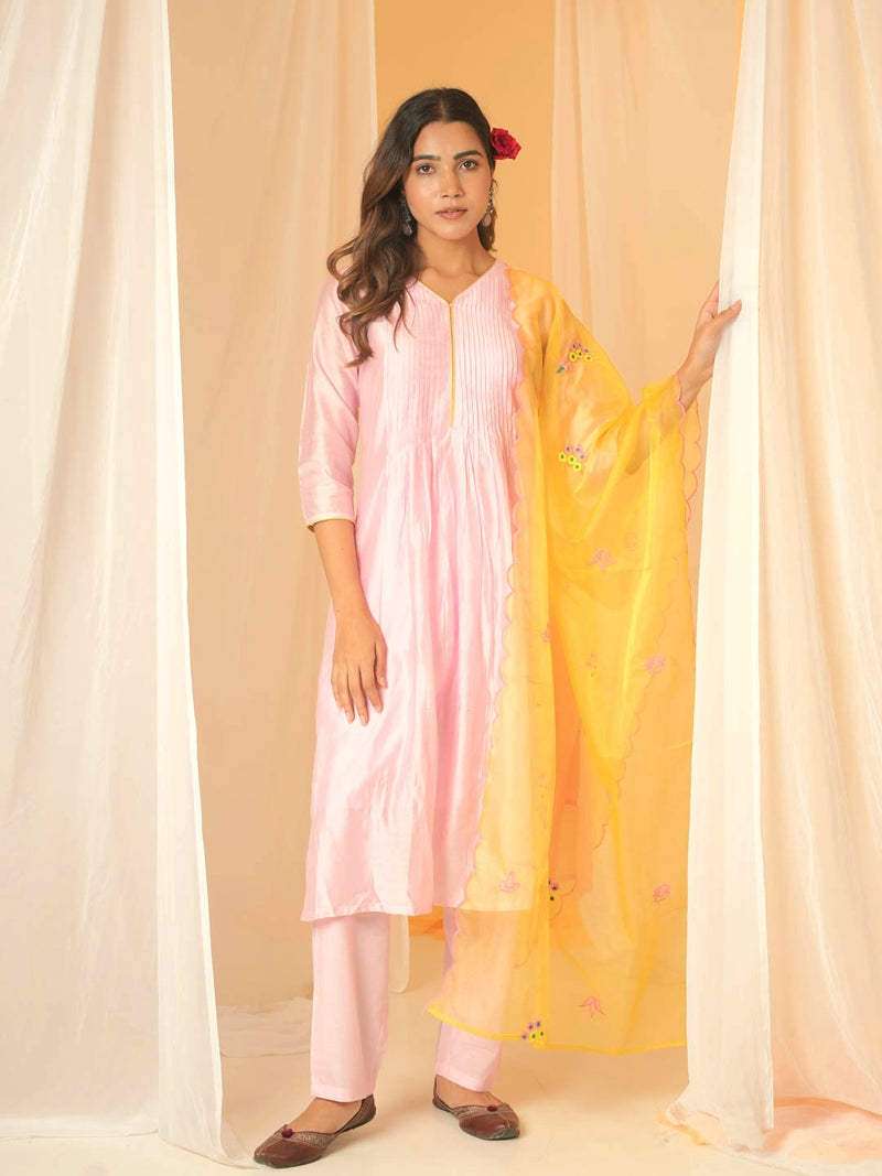 LOTUS PINK CHANDERI SUIT SET WITH ORGANZA DUPATTA