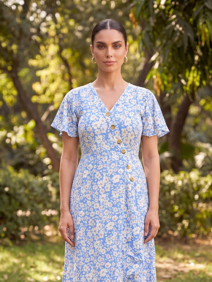 BLUE & WHITE FLOWER ASSYMETRIC RAYON DRESS