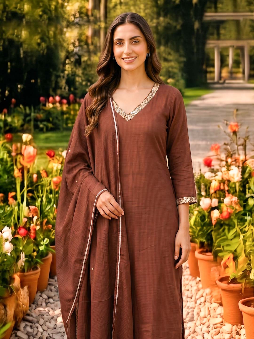 MOCHA BROWN KOTA DORIA SUIT SET WITH SEQUENCE WORK