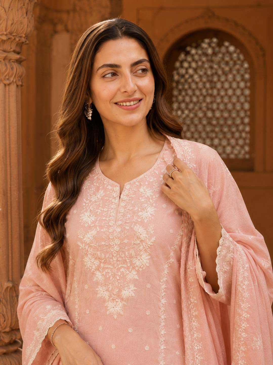BABY PINK CRUSHED MUL CHANDERI EMBROIDERED SUIT SET