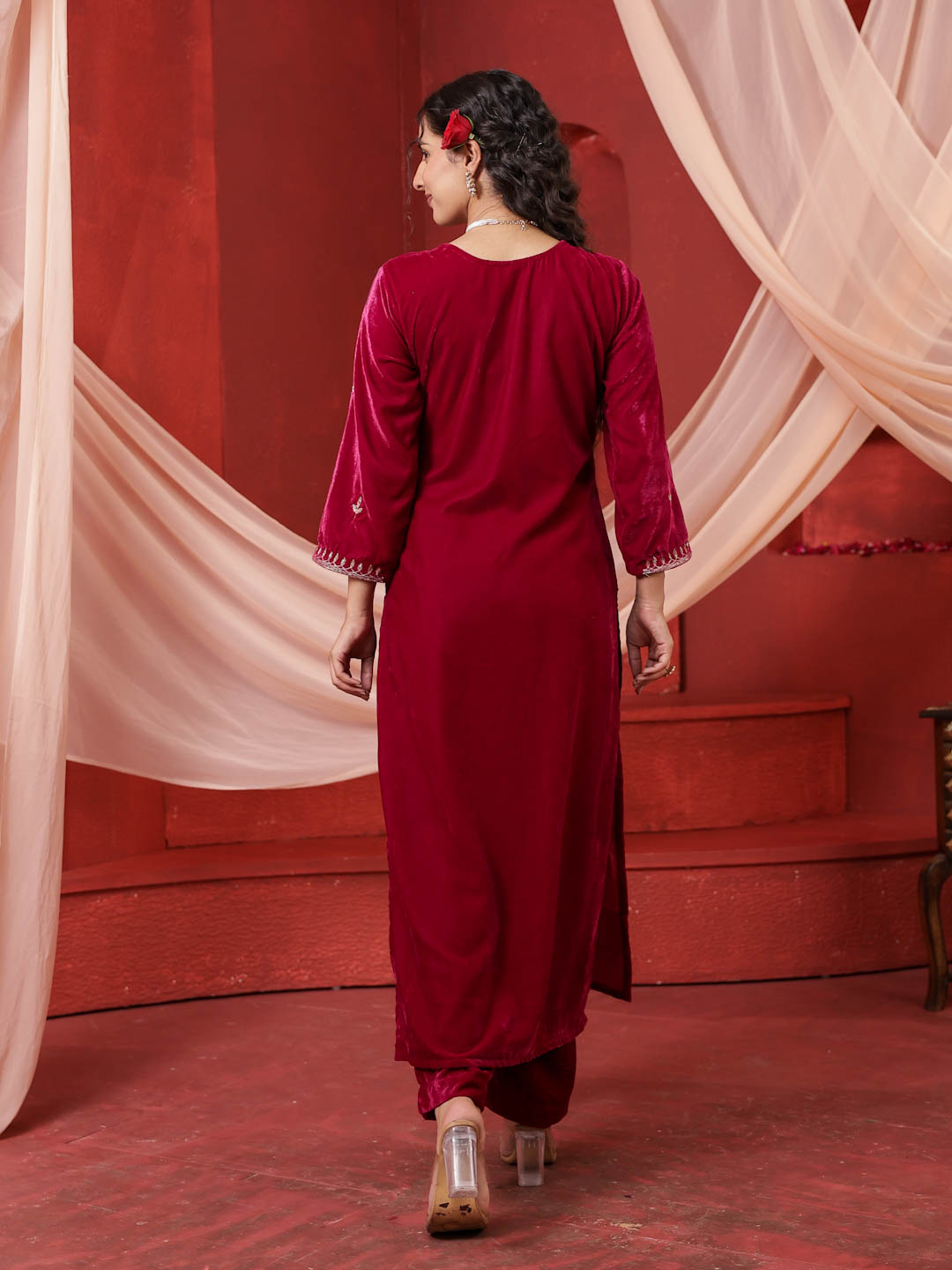 CHERRY RED VELVET HANDWORK SUIT SET