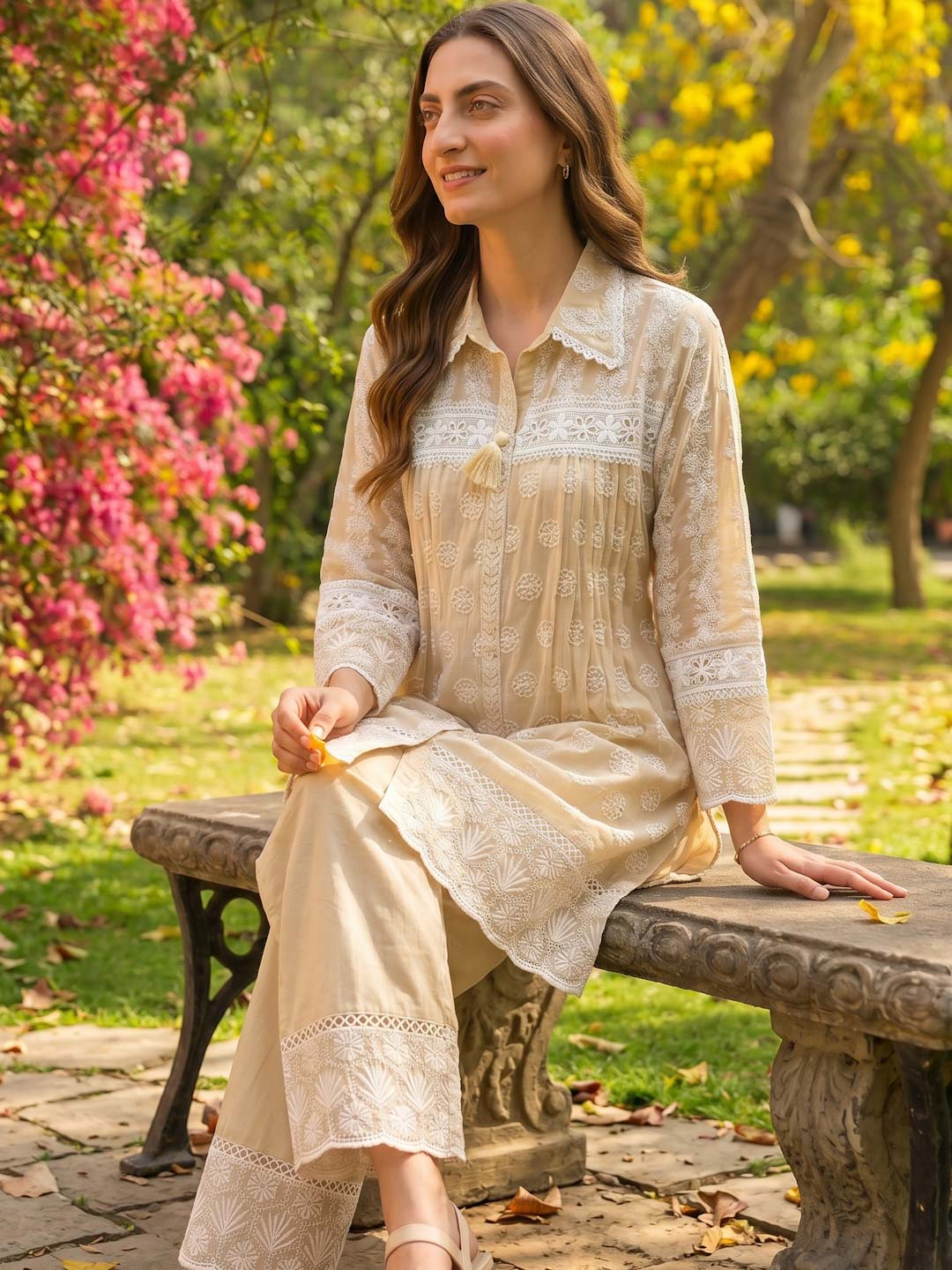 BEIGE & WHITE MUL COTTON EMBROIDERED CO-ORD SET