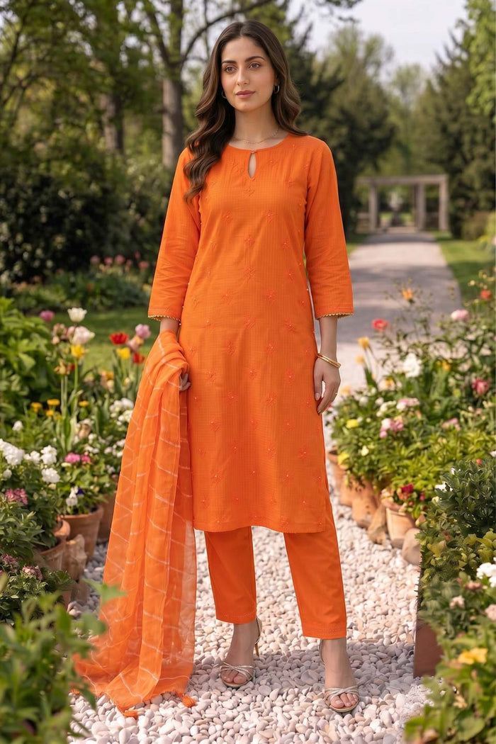 TANGERINE ORANGE KOTA DORIA SUIT SET WITH EMBROIDERY