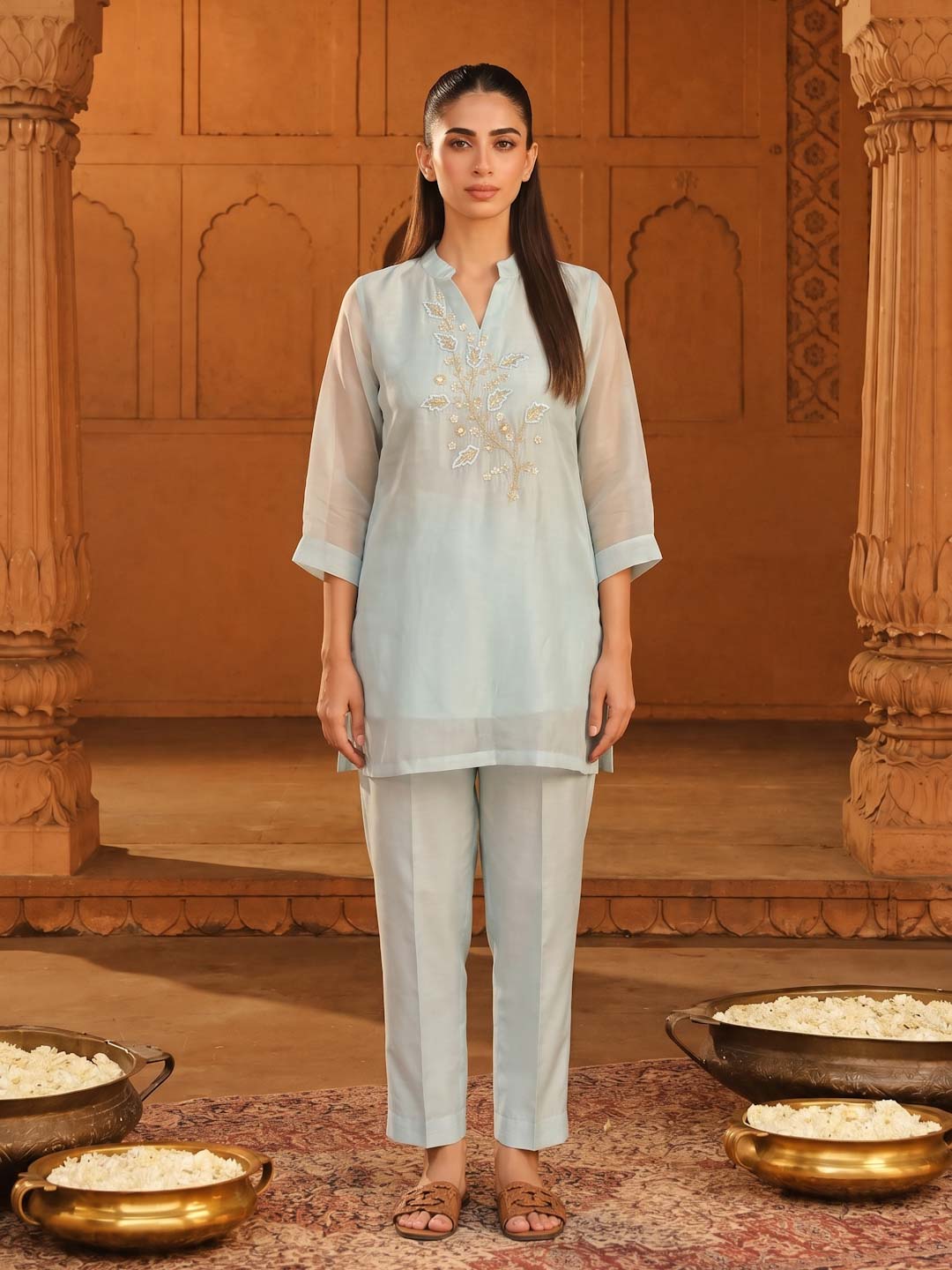 BLUE SHIMMER ORGANZA HANDWORK CO-ORD SET