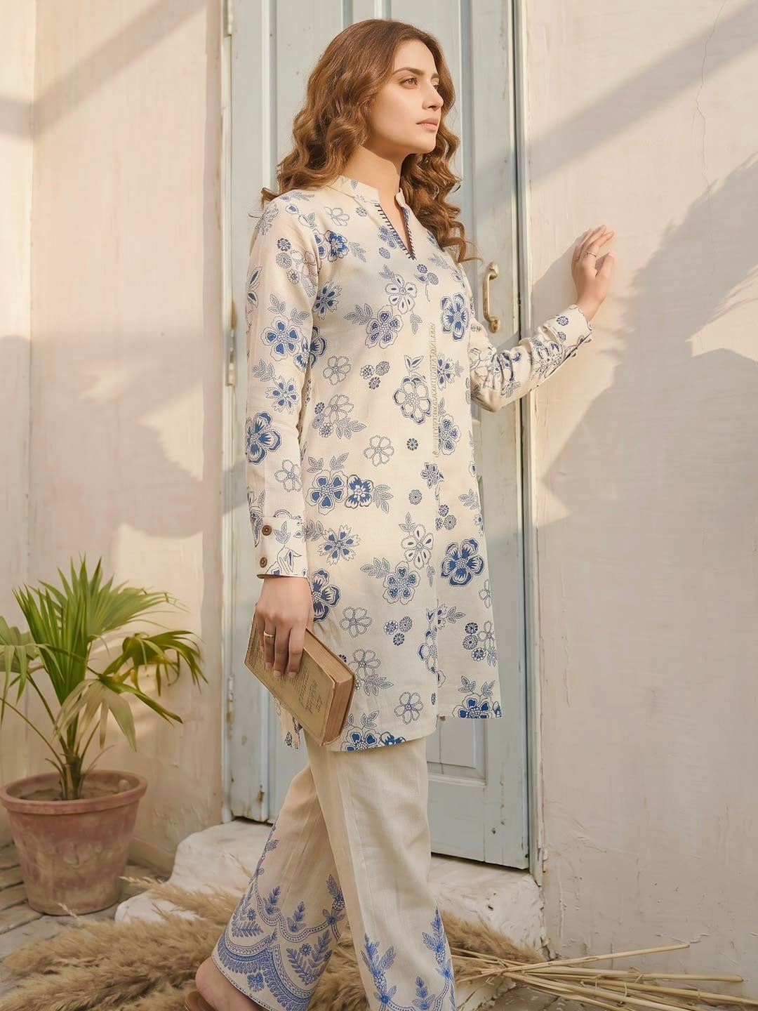 CREAM & TEAL BLUE COTTON SLUB CO-ORD SET