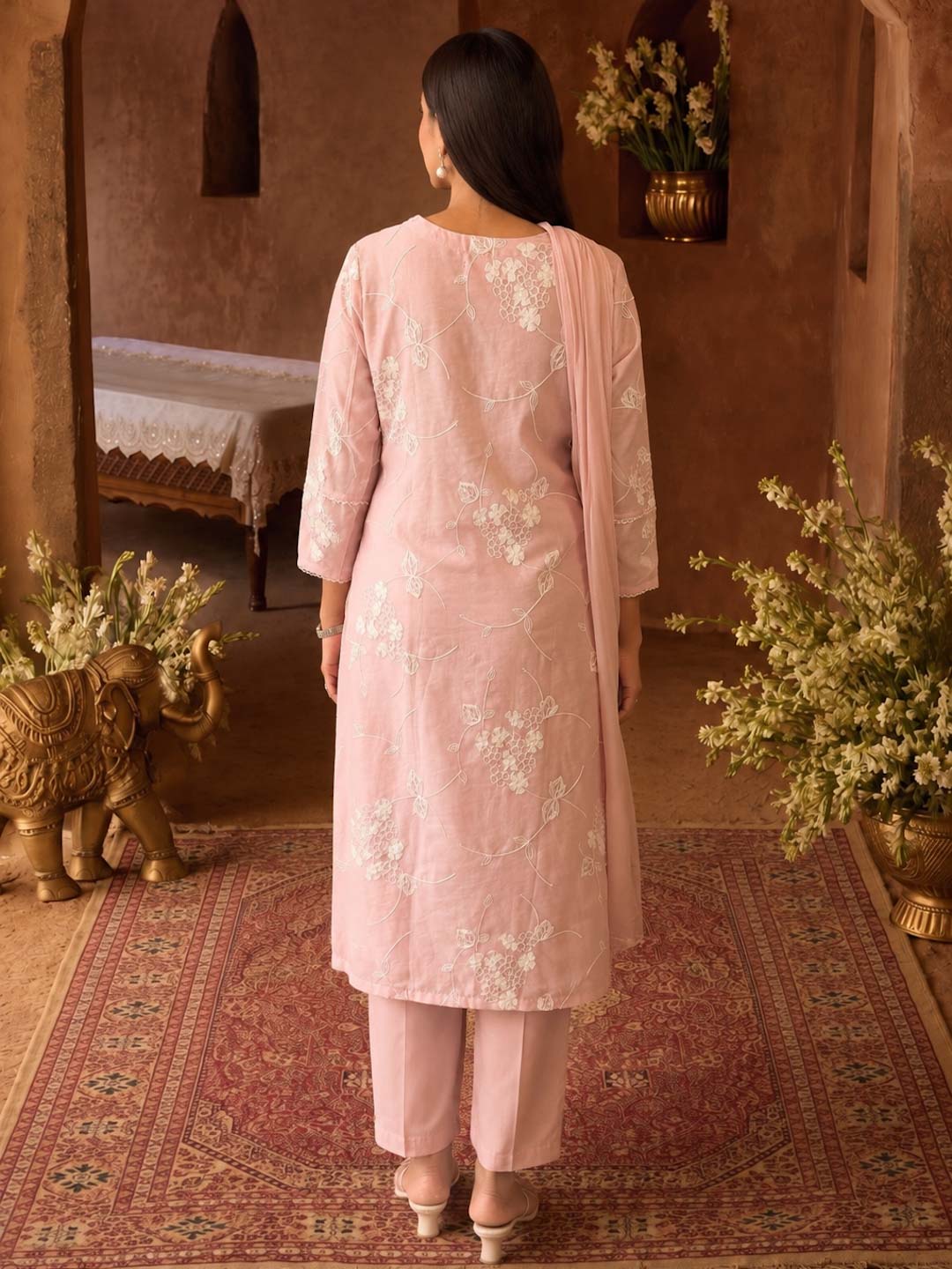 MAUVE PINK MUL CHANDERI HANDWORK & EMBROIDERED SUIT SET