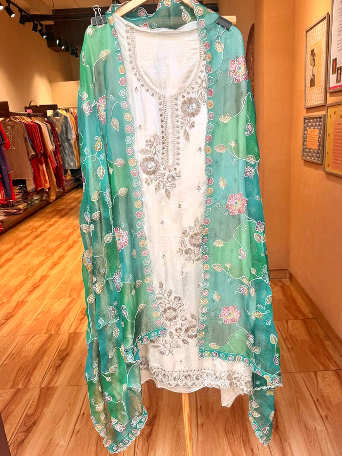 INVORY TISSUE UNSTITCHED SUIT SET WITH GREEN DUPATTA