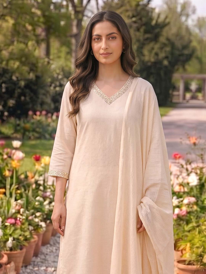 SOFT BEIGE KOTA DORIA SUIT SET WITH SEQUENCE WORK