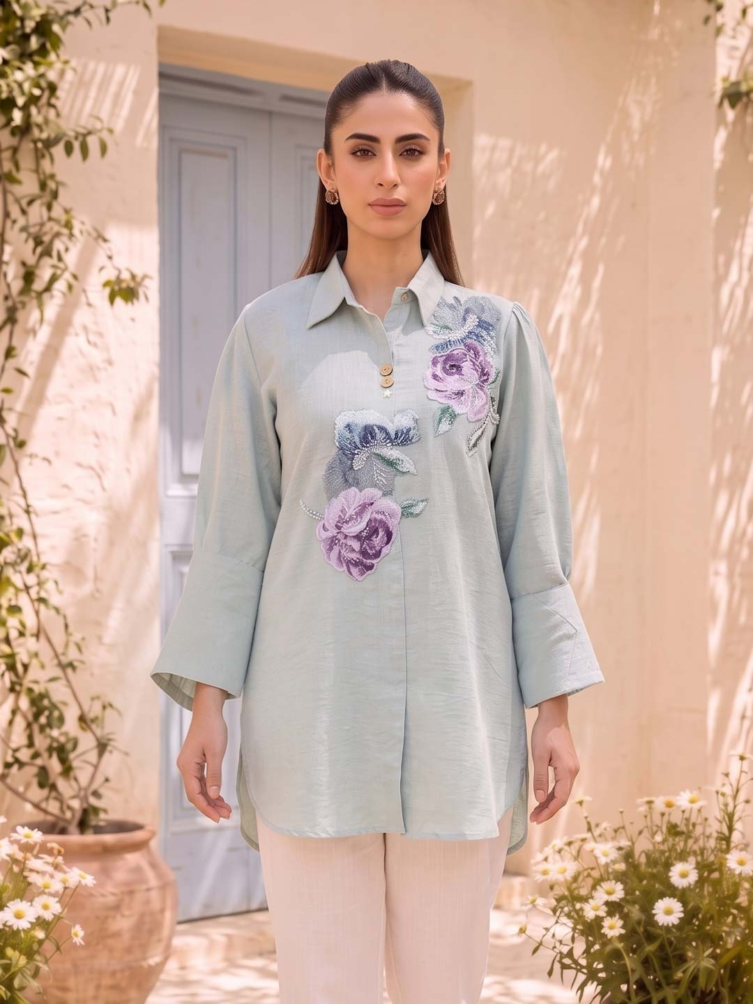 DUSK BLUE COTTON HANDWORK TOP