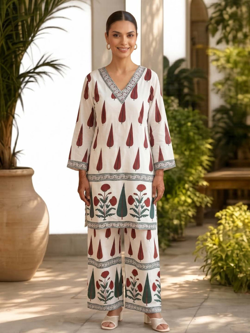 CREAM & RED RAYON CO-ORD SET