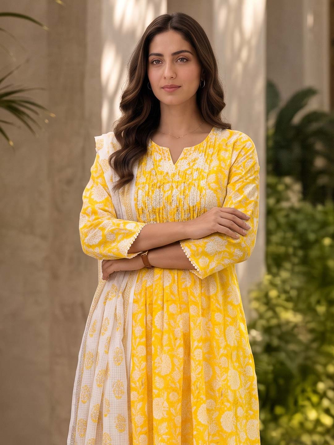 YELLOW HANDBLOCK KOTA DORIA SUIT SET WITH SMOCKING WORK