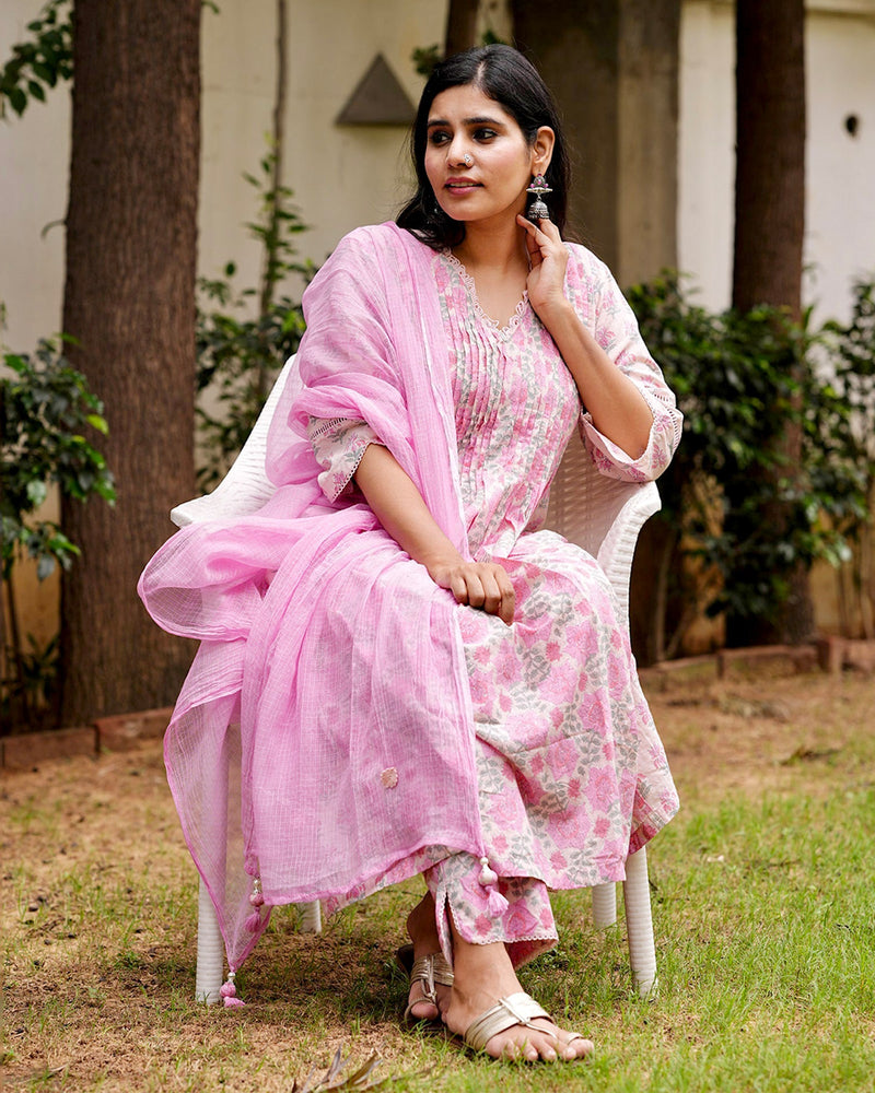 PINK COTTON HANDBLOCK SUIT SET WITH LACE