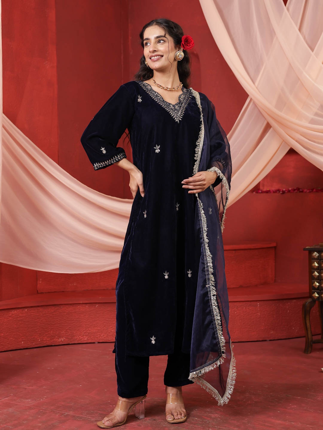 NAVY BLUE VELVET SUIT SET WITH HANDWORK