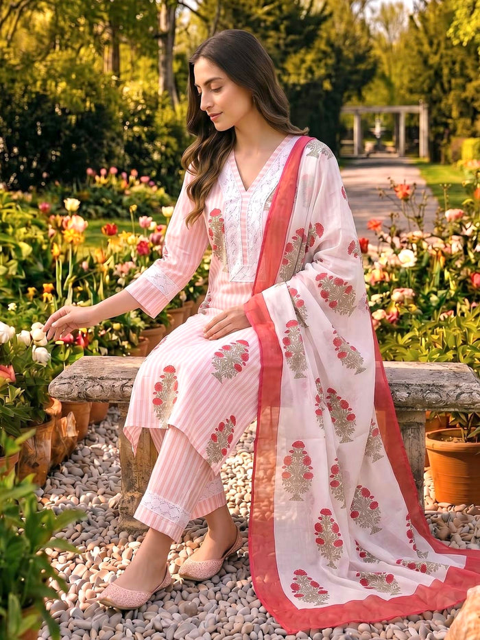 PINK & WHITE COTTON HANDBLOCK SUIT SET WITH LACE WORK