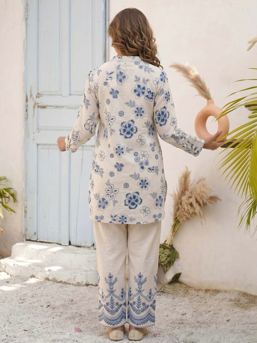 CREAM & TEAL BLUE COTTON SLUB CO-ORD SET