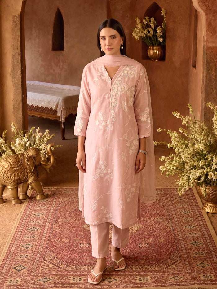 MAUVE PINK MUL CHANDERI HANDWORK & EMBROIDERED SUIT SET