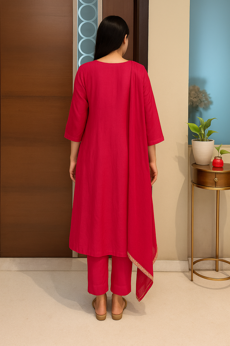 RED MUL CHANDERI SUIT SET WITH HANDWORK