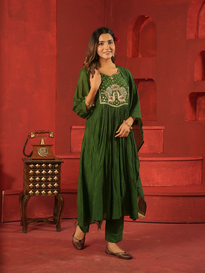 GREEN MUL CHANDERI SUIT SET WITH HEAVY WORK ON NECK