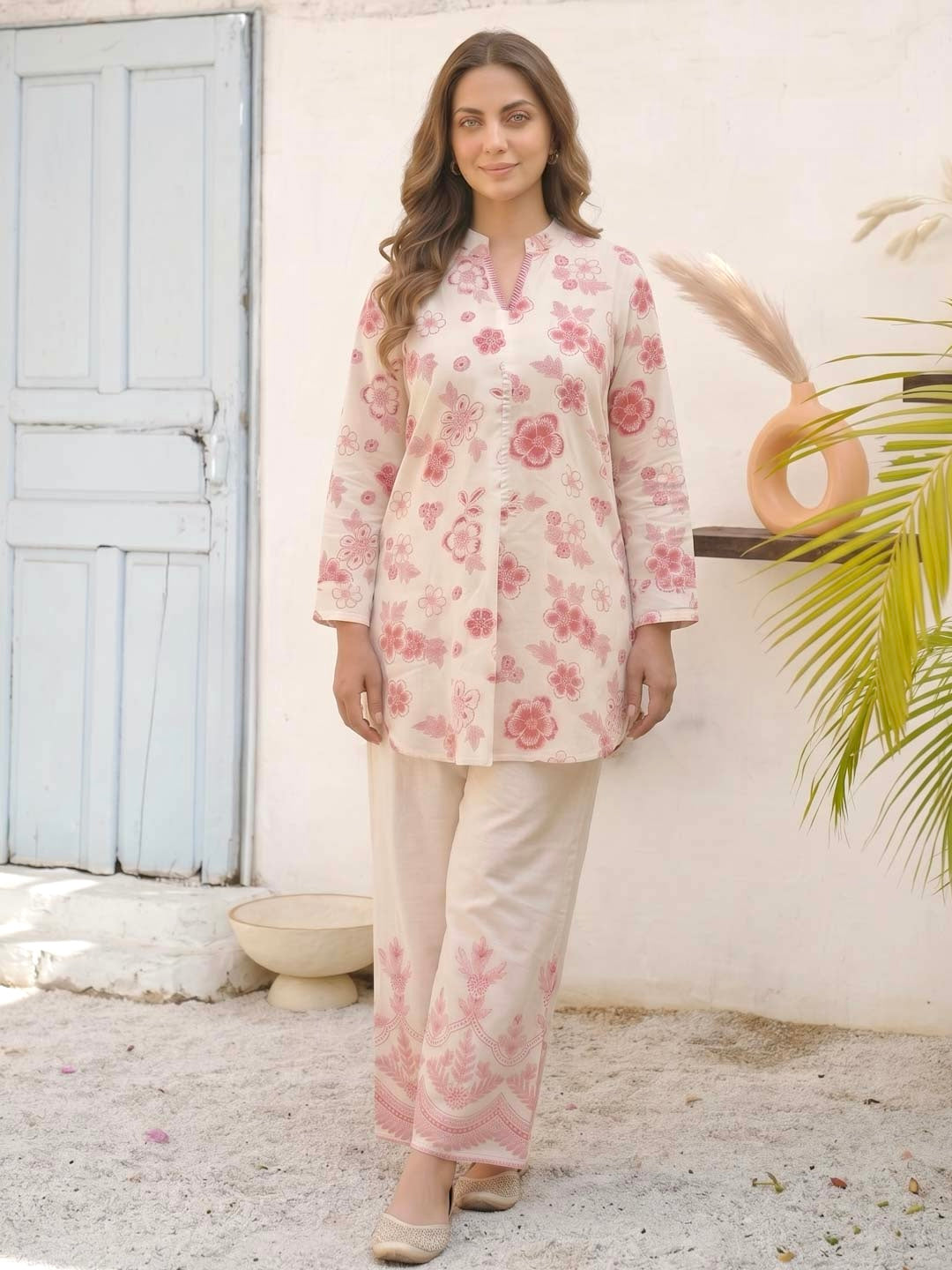 CREAM & PINK FLOWER COTTON SLUB CO-ORD SET