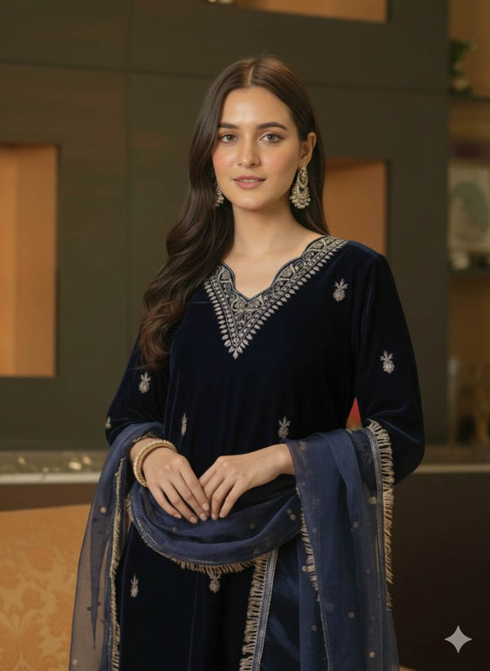 NAVY BLUE VELVET SUIT SET WITH HANDWORK