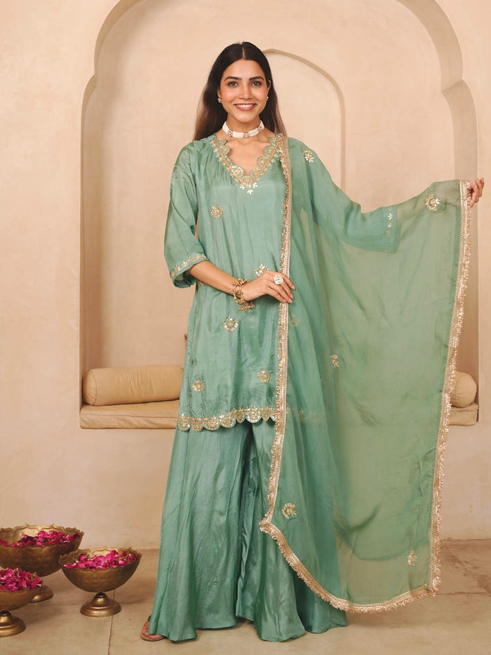 SEA GREEN PALAZZO SET WITH ORGANZA DUPATTA